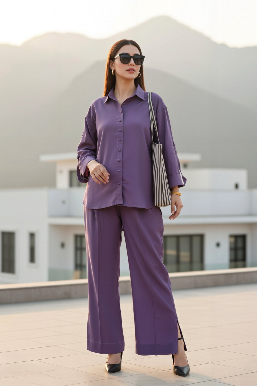 Elegant Lilac Dhanak Co-Ord Set