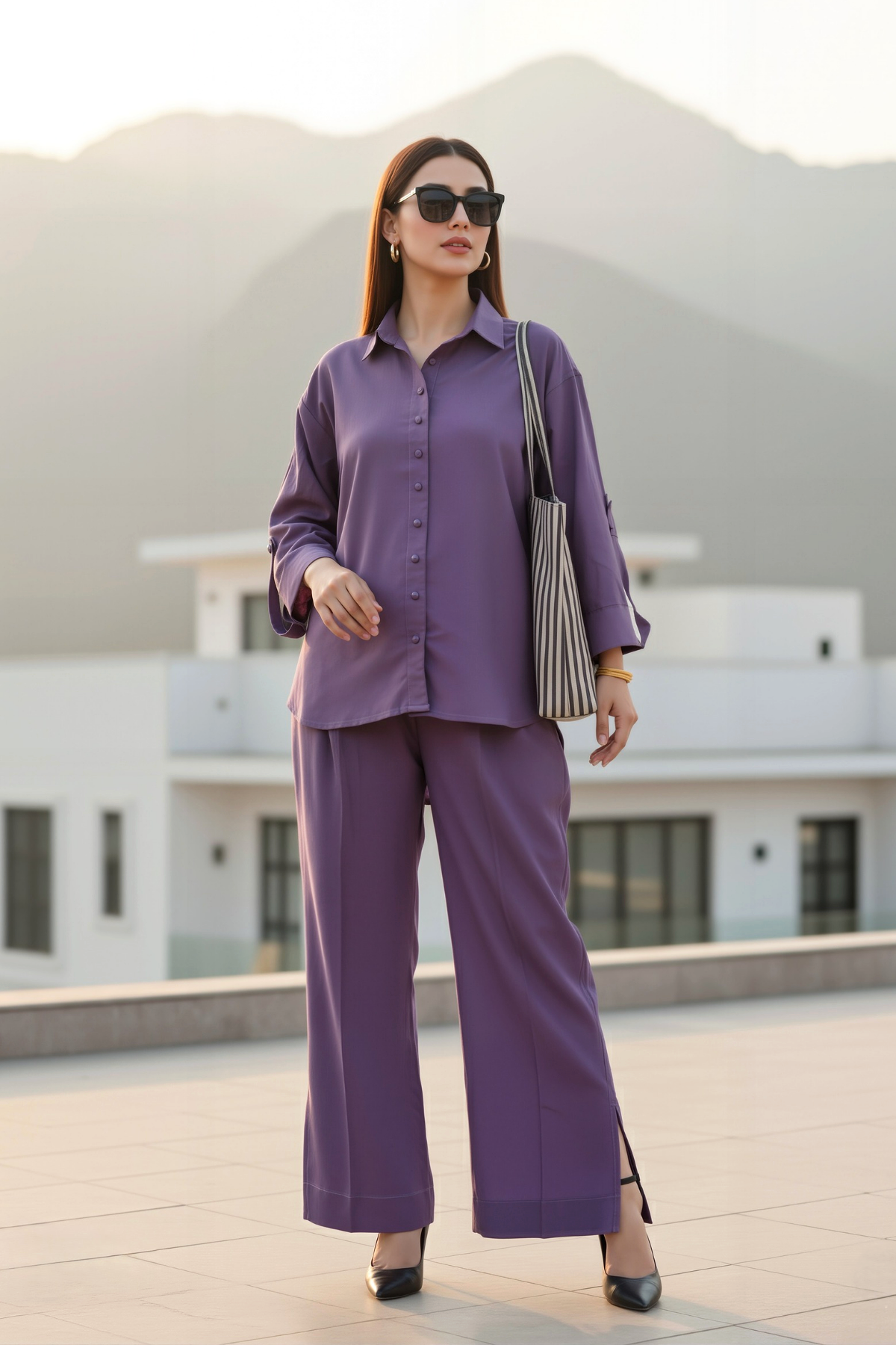 Elegant Lilac Dhanak Co-Ord Set