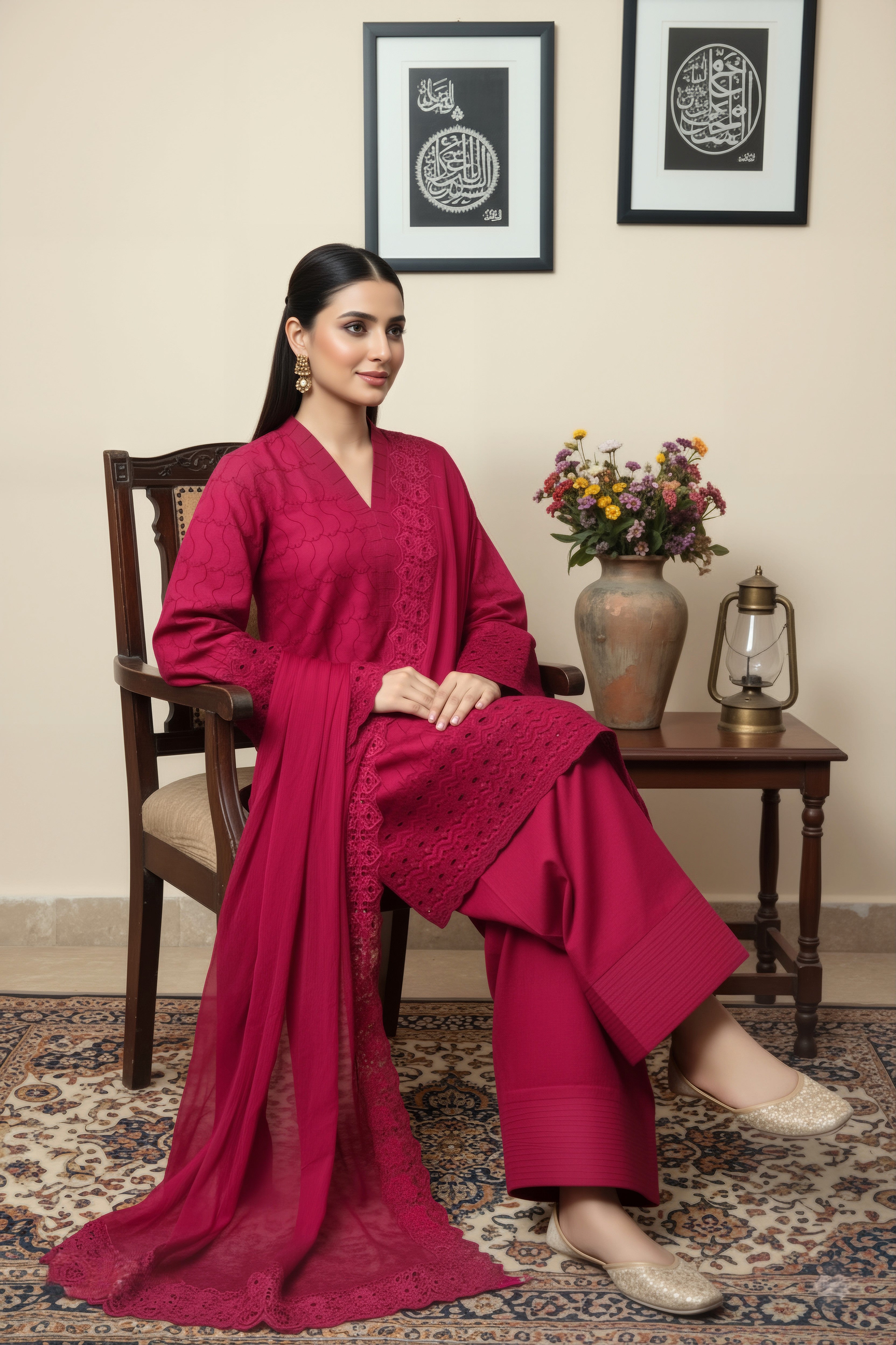 Red Chikan Kari 3-Piece
