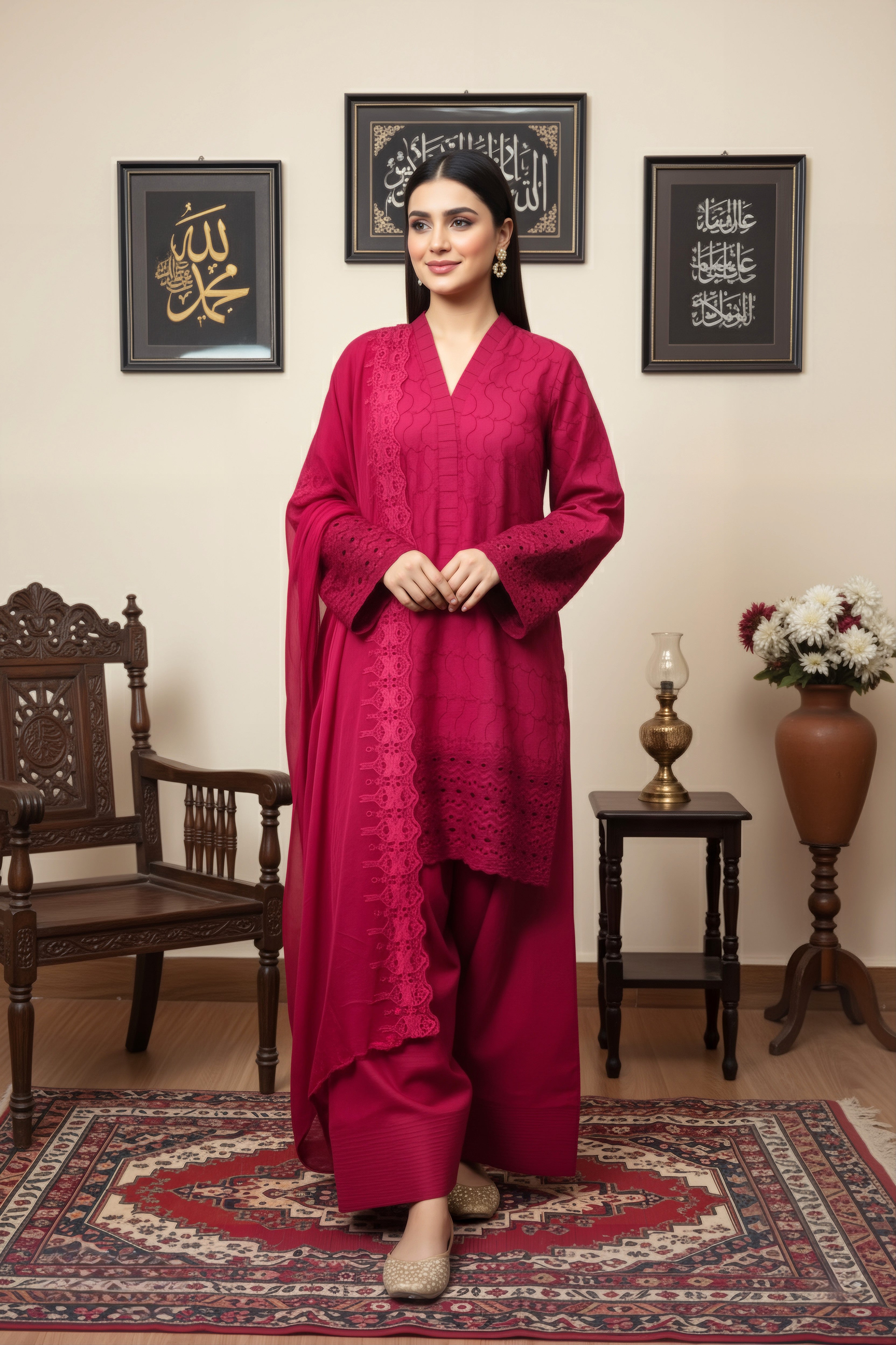 Red Chikan Kari 3-Piece