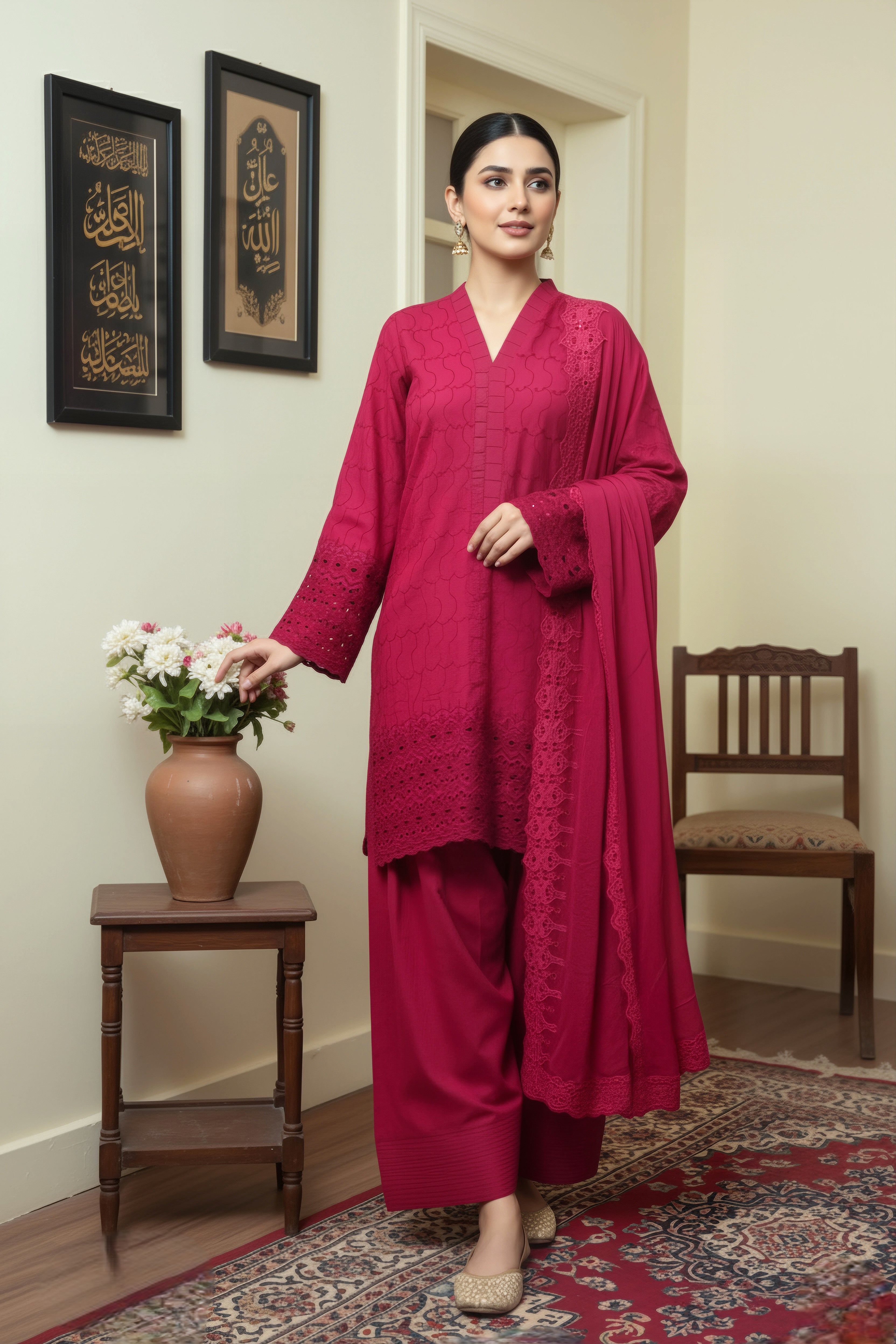 Red Chikan Kari 3-Piece
